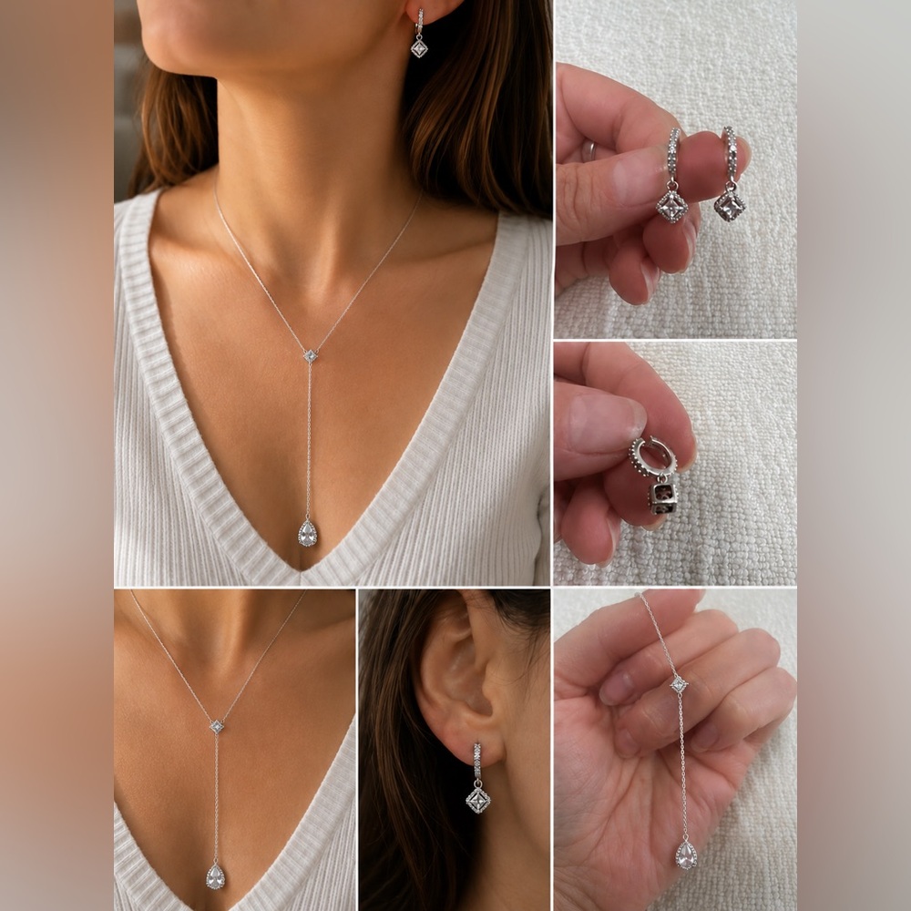 Pandora Sparkling Y Necklace & Matching Hoop Earrings Set